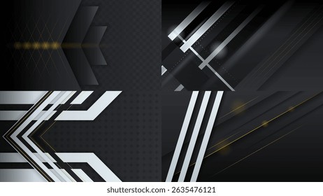 Set Abstract Collection Dark Black Gold Material Modern Background With Golden Lines Stripes Shadows Backdrop Wallpaper Decoration Vector Design Style