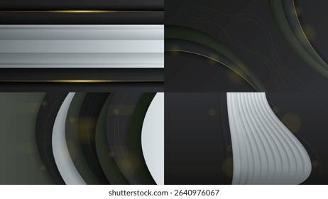 Set Abstract Collection Dark Black Gold Material Modern Background With Golden Lines Stripes Shadows Backdrop Wallpaper Decoration Vector Design Style