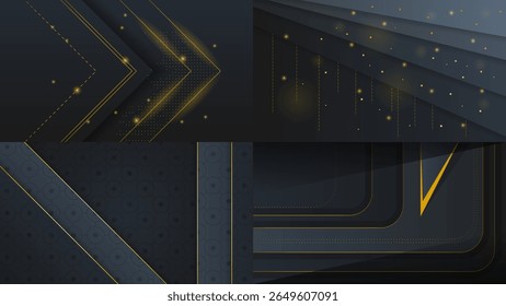 Set Abstract Collection Dark Black Gold Material Modern Background With Golden Lines Stripes Shadows Backdrop Wallpaper Decoration Vector Design Style