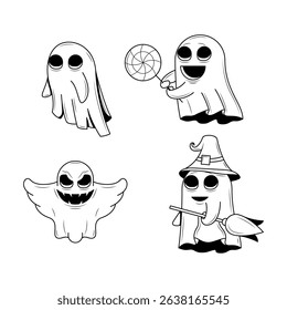 Set Abstract Collection Doodle Black Line Happy Halloween Greeting Ghost Spirit Tongue Out Background. Vector Design Banner Party Invitation Template