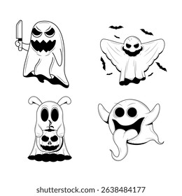 Set Abstract Collection Doodle Black Line Happy Halloween Greeting Ghost Spirit Tongue Out Background. Vector Design Banner Party Invitation Template