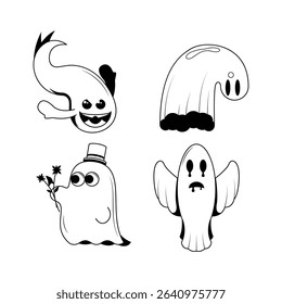 Set Abstract Collection Doodle Black Line Happy Halloween Greeting Ghost Spirit Tongue Out Background. Vector Design Banner Party Invitation Template