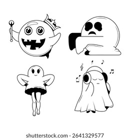 Set Abstract Collection Doodle Black Line Happy Halloween Greeting Ghost Spirit Tongue Out Background. Vector Design Banner Party Invitation Template