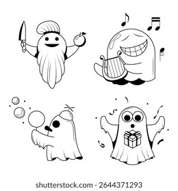Definir Coleção Abstrata Doodle Linha Preta Feliz Dia Das Bruxas Saudação Espírito Fantasma Língua Para Fora De Fundo. Modelo de Convite para Festa de Design de Vetor