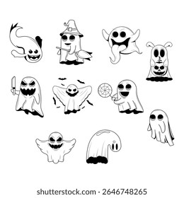 Definir Coleção Abstrata Doodle Linha Preta Feliz Dia Das Bruxas Saudação Espírito Fantasma Língua Para Fora De Fundo. Modelo de Convite para Festa de Design de Vetor