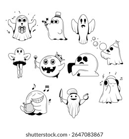 Definir Coleção Abstrata Doodle Linha Preta Feliz Dia Das Bruxas Saudação Espírito Fantasma Língua Para Fora De Fundo. Modelo de Convite para Festa de Design de Vetor