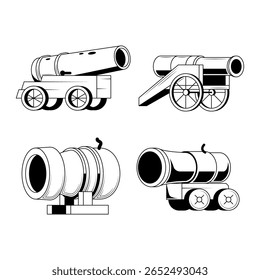 Conjunto de Colección Abstractas Doodle Línea negra Old Connon Gun Weapon Militar Combate Ejército Historia medieval Fondo Vector Diseño Anuncio Invitación de fiesta Plantilla