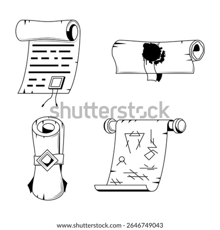 Set Abstract Collection Doodle Black Line Old Scroll Ancient Antique Letters History Background Vector Design Banner Party Invitation Template