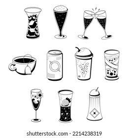 Set Abstract Collection Doodle Elements Hand Drawn Drink Liquid Beverage Cocktail Alcohol Sketch Vector Design Style Background Illustration For Restaurant Cafe Illustration Icons