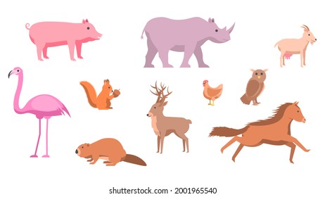 Set Abstract Collection Flat Cartoon Animals Deer Flamingo Rhinoceros Squirrel Pig Owl Horse Vector Design Style Elements Fauna Wildlife