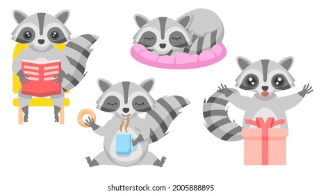 Set Abstract Collection Flat Cartoon 
Different Animal Raccon Reading A Book On A Chair Sleep Drinking Tea Surprised By The Gift Vector Design Style Elements Fauna Wildlife