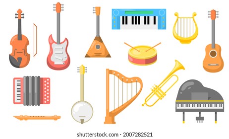 Set Abstract Collection Flat Cartoon  Different Color Music Instrument Guitar Piano Drum Synthesizer Violin Harp Lyre Trombone Accordion Flute Concept Vector Design Style Elements With Shadows