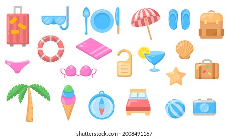 Set Abstract Collection Flat Cartoon  Different Color Travel Tourism Umbrella Banties Bra Bed Camera Palm Tree Plate Ball Glass Shell Suitcase Concept Vector Design Style Elements With Shadows