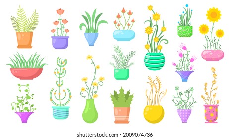 Colección Resumen Dibujo Plano Flores De Color Diferentes En Pots Jardín Interior Hogares Flora Concepto Vector Diseño Elementos Con Sombras