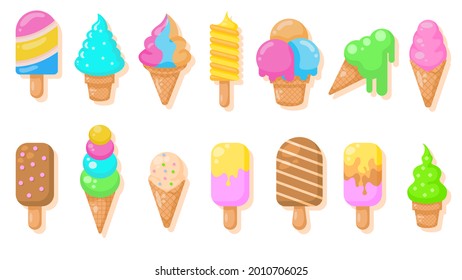 Set Abstract Collection Flat Cartoon  Different Color Ice Cream Sweet Food Concept Vector Design Style Elements With Shadows Taste Delicious