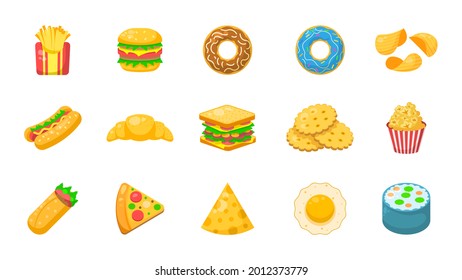 Colección Resumen Dibujo plano Diferente Color Comida Rápida Concepto Vector Diseño Elementos Con Sombras Sabor Deliciosa Pizza Queso Hamburguesa Donut Burrito Aleta Croissant Sandwich
