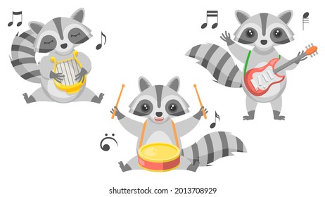 Set Abstract Collection Flat Cartoon 
Different Animal Raccon Plays Lyre Guitar And Drum Vector Design Style Elements Fauna Wildlife Performance With Notes