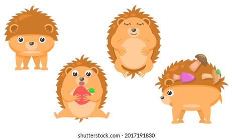 Set Abstract Collection Flat Cartoon 
Different Animal Hedgehogs Stand With Mushrooms On The Back, Eating An Fruit, Sleep Vector Design Style Elements Fauna Wildlife