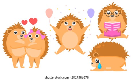 Set Abstract Collection Flat Cartoon 
Different Animal Hedgehogs Celebrating Birthday, Reading Book, Crying Sad Tear, Hugs Vector Design Style Elements Fauna Wildlife