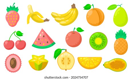 Set Abstract Collection Flat Cartoon  Different Color Fruit Food Concept Vector Design Style Elements With Shadows Taste Banana Kiwi Pineapple Peach Pear Orange Cherry Strawberry Watermelon