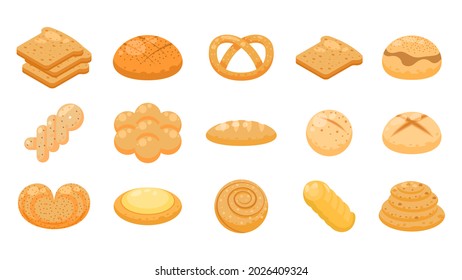 Set Abstract Collection Flat Cartoon  Different Color Bread Bun Food Concept Vector Design Style Elements With Shadows Taste Flour Weight Products Bakery