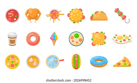 Set Abstract Collection Flat Cartoon  Different Color Fast Food Concept Vector Design Style Elements With Shadows Taste Delicious Pizza Omelette Chicken Donut Soup Coffee Tacos Sandwich Hamburger