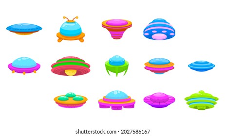Set Abstract Collection Flat Cartoon  Different Color Ufo Concept Vector Design Style Elements With Shadows Unidentified Flying Object Science