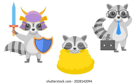 Set Abstract Collection Flat Cartoon 
Different Animal Raccon Office Worker With Diplomat, Stands With Sword, Shield And Helmet Sleeping wrapped In Blanket  Vector Design Style Elements Fauna Wildlife