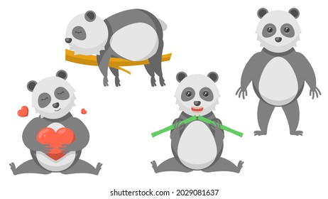 Set Abstract Collection Flat Cartoon 
Different Animal Panda Stand Sleeping On A Branch Eating Bamboo Hugs The Heart Vector Design Style Elements Fauna Wildlife