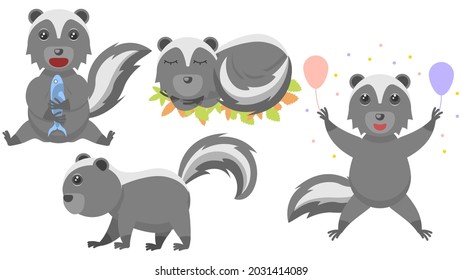 Set Abstract Collection Flat Cartoon 
Different Animal Skunk Stand, Sleep, Eating A Fish, Celebrating Birthday Vector Design Style Elements Fauna Wildlife