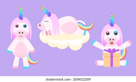 Set Abstract Collection Flat Cartoon 
Different Animal Unicorns Stand, Sleeping On A Cloud, Surprised By The Gift Vector Design Style Elements Fauna Wildlife