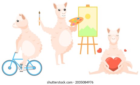 Set Abstract Collection Flat Cartoon 
Different Animal Lama Riding A Bike, Artist With Brush, Hugs The Heart Vector Design Style Elements Fauna Wildlife