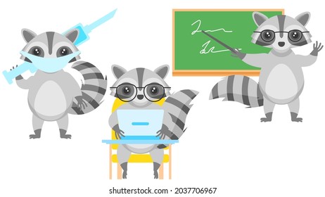 Set Abstract Collection Flat Cartoon 
Different Animal Raccoons Working On A Laptop, Stinks, Masked Doctor With Syringe, Teacher Near The Blackboard Vector Design Style Elements Fauna Wildlife