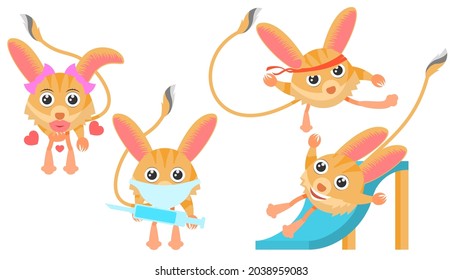 Set Abstract Collection Flat Cartoon 
Different Animal Jerboas Is Engaged In Karate, Rolling Downhill, Masked Doctor With Syringe, Blows A Kiss Vector Design Style Elements Fauna Wildlife