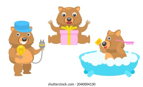 Set Abstract Collection Flat Cartoon 
Different Animal Wombats Surprised By The Gift, Taking A Bath, Electrician Holding A Light Bulb Vector Design Style Elements Fauna Wildlife