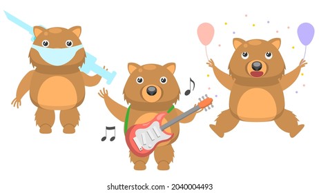 Set Abstract Collection Flat Cartoon 
Different Animal Wombats Celebrating Birthday, Plays The Electric Guitar, Masked Doctor With Syringe Vector Design Style Elements Fauna Wildlife