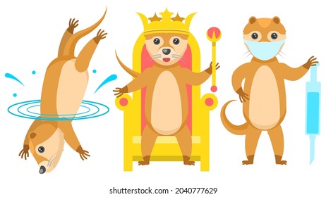 Set Abstract Collection Flat Cartoon 
Different Animal Otters Dives Into The Water, King Sits On A Throne Wearing A Crown, Masked Doctor With Syringe Vector Design Style Elements Fauna Wildlife