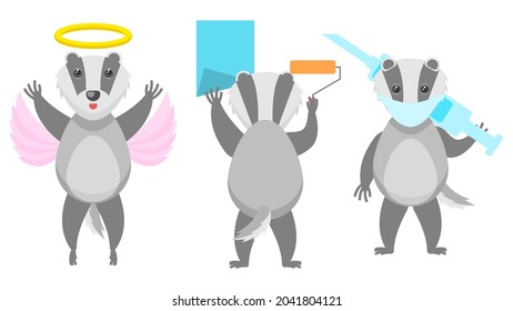 Set Abstract Collection Flat Cartoon 
Different Animal Badgers Glues Wallpaper, Masked Doctor With Syringe, Flies On Wings And With A Halo Vector Design Style Elements Fauna Wildlife