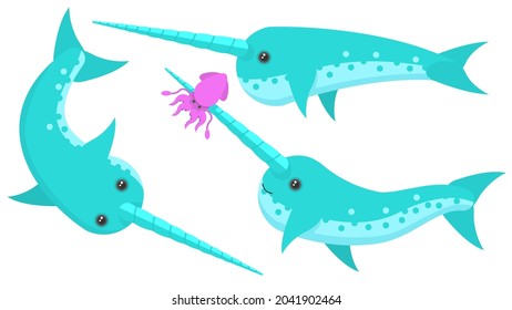 Set Abstract Collection Flat Cartoon 
Different Animal Narwhals Floats Swim, With Squid On The Horn Vector Design Style Elements Fauna Wildlife