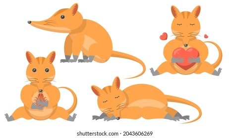 Set Abstract Collection Flat Cartoon 
Different Animal Rufous Elephant Sitting, Sleep, Eating A Beetle, Hugs The Heart Vector Design Style Elements Fauna Wildlife