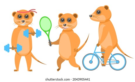 Set Abstract Collection Flat Cartoon 
Different Animal Meerkats Riding A Bike, Goes In For Sports With Dumbbells, Plays Badminton Vector Design Style Elements Fauna Wildlife