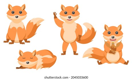 Set Abstract Collection Flat Cartoon 
Different Animal Foxes Stand, Sleeping, Eating Bird, Waving Hand Vector Design Style Elements Fauna Wildlife