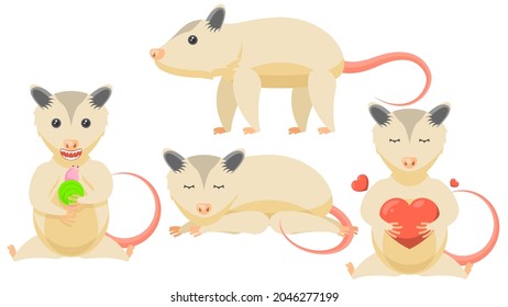 Set Abstract Collection Flat Cartoon 
Different Animal Opossum Sleep, Stand, Eating A Snail, Hugs The Heart Vector Design Style Elements Fauna Wildlife