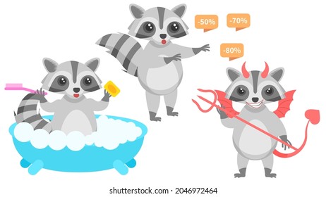 Set Abstract Collection Flat Cartoon 
Different Animal Raccon Washes In The Bath, Devil With Horns And Trident, Surprised By The Discounts Vector Design Style Elements Fauna Wildlife