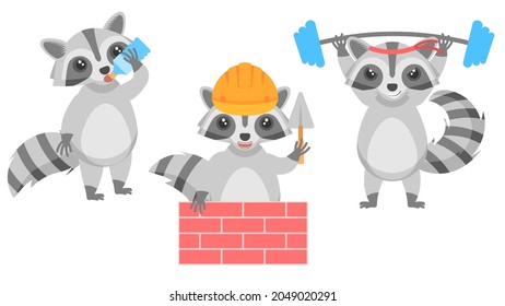 Set Abstract Collection Flat Cartoon 
Different Animal Raccons Drinking Water, Builder In Helmet With Bricks, Goes In For Sports With A Barbell Vector Design Style Elements Fauna Wildlife