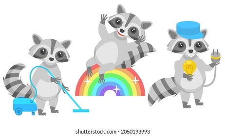 Set Abstract Collection Flat Cartoon 
Different Animal Raccons Cleaning With A Vacuum Cleaner, Rides A Rainbow, Electrician Holding A Light Bulb Vector Design Style Elements Fauna Wildlife