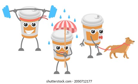 Establecer caricatura plana de colección abstracta 
Una Copa De Café Se Diferente Para Deportes Con Barbell, Caminando Al Perro Sobre Una Correa, Con Un Paraguas En Los Elementos De Diseño Del Vector Lluvioso 