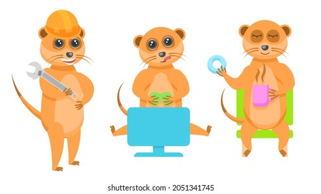 Set Abstract Collection Flat Cartoon 
Different Animal Meerkats Wrench Worker, Plays On A Gamepad, Drinking Tea With Donut Vector Design Style Elements Fauna Wildlife