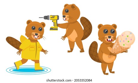 Set Abstract Collection Flat Cartoon 
Different Animal Beavers With Huge Ice Cream, Drills With A Drill, Jumping Through Puddles In Boots And Raincoat Vector Design Style Elements Fauna Wildlife