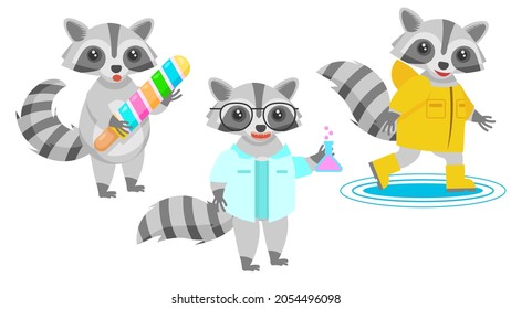 Set Abstract Collection Flat Cartoon 
Different Animal Raccons Flask Scientist, Holding A Huge Ice Cream, Jumping Through Puddles In Boots And Raincoat Vector Design Style Elements Fauna Wildlife